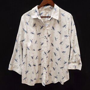 Coldwater Creek Women Dragonfly Button Up Top Size 18W White Artsy Office Career